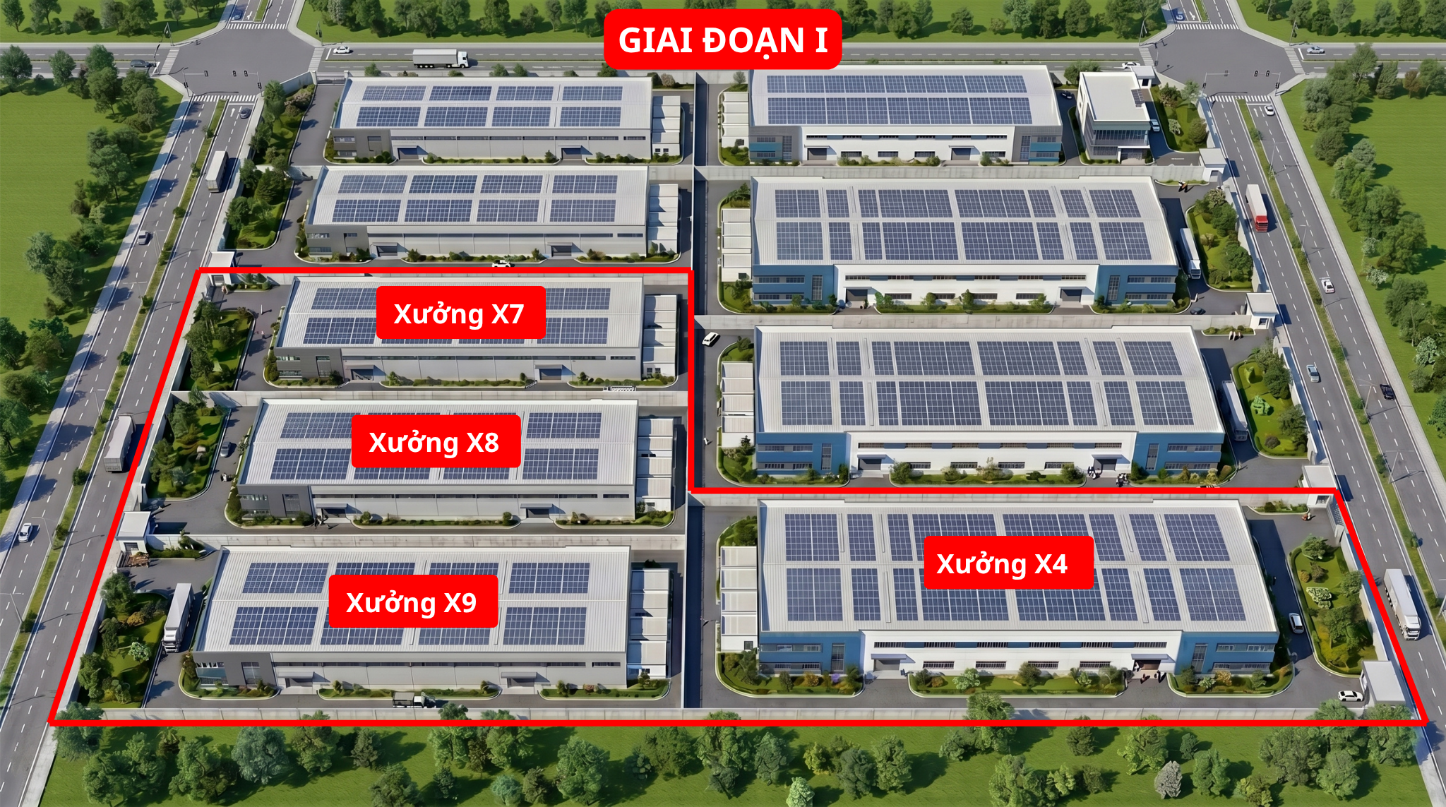 Sơ đồ triển khai giai đoạn 1 của tổ hợp nhà xưởng công nghiệp, bao gồm các khu xưởng X9, X8, X7 và X4.